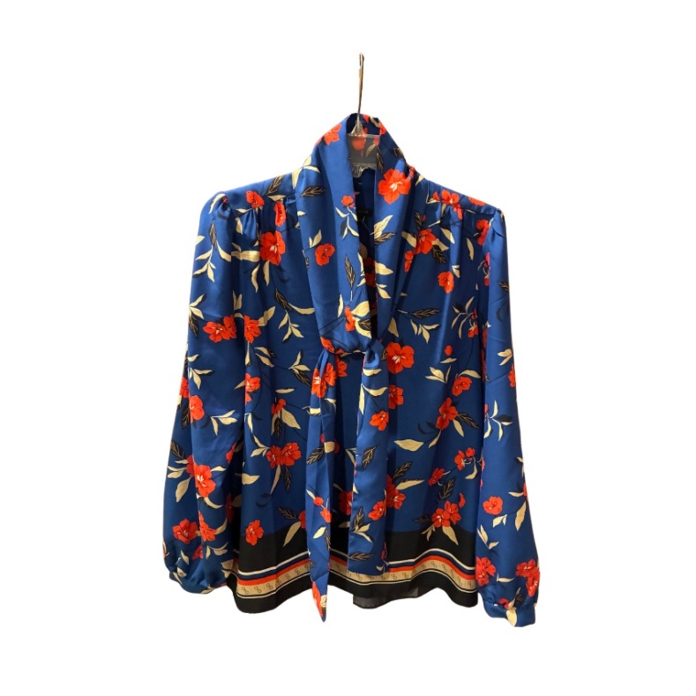 Ann Taylor Floral Blue Blouse with Red Accents